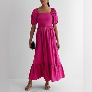 Express Size L Bright Fuchsia Elegant Pink Puff Sleeve Maxi Dress